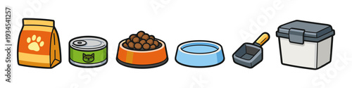 Collection of cartoon pet food items including a bag, can, bowl, scoop, and storage container