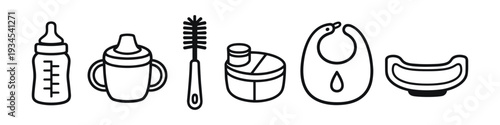 Collection of baby feeding and cleaning essentials in a simple line art style