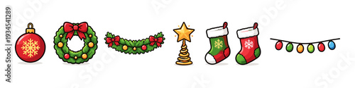 Festive Christmas icons including ornaments, wreaths, and stockings