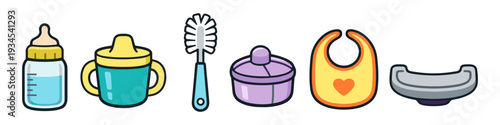 Collection of baby feeding and cleaning essentials, illustrated in a clean, modern style