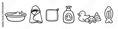 Collection of baby bath time essentials and toys in a simple line art style
