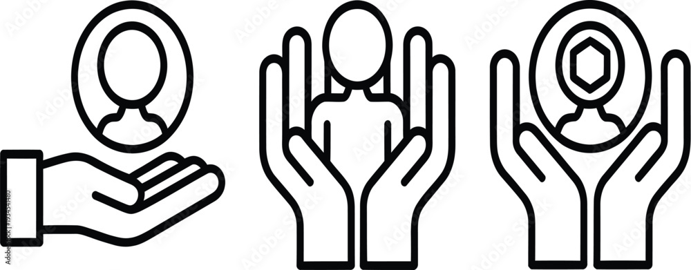 Fototapeta premium Hands Holding People Icons in Line Art Style