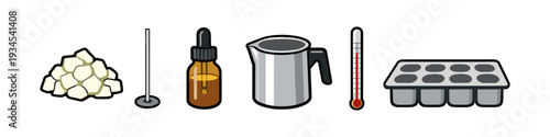 Candle making supplies including wax flakes, wick holder, fragrance oil, pouring pot, thermometer, and mold