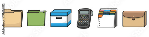 Collection of office supplies including folders, calculator, and storage box