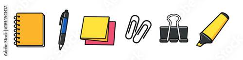 Collection of colorful stationery items for office or school use, presented in a clean illustration