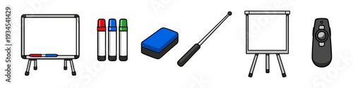 Collection of presentation and teaching tools including whiteboards, markers, eraser, pointer, and clicker