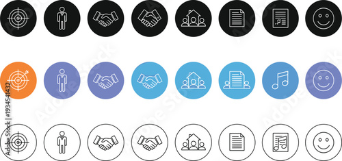 Business and social media circular icons set target handshake document music vector illustration collection