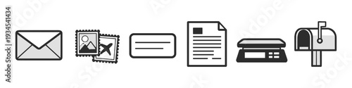 Collection of postal service icons including envelope, stamps, check, document, scale, and mailbox