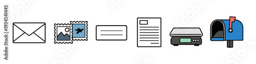 Mailing icons representing different aspects of sending letters and packages