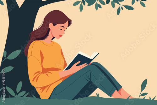 donna che legge un libro romanzo giallo sotto albero in campagna aperta sulla terra erba terreno vettoriale 
