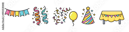 Collection of festive party elements including bunting, streamers, confetti, balloon, and table