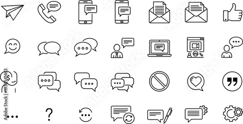 Communication and messaging outline icons set chat phone email social media vector illustration collection