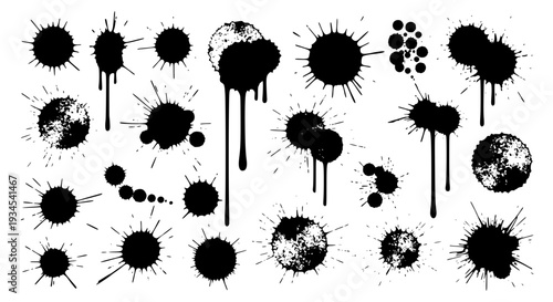 Ink splatters hand drawn set with dripping effects and textured circles on white background featuring paint blots,