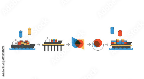 A simplified infographic illustrates the stages of maritime logistics, showing a container ship unloading at a port and reloading after a processing phase.