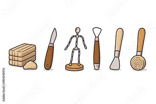 Collection of sculpting tools and clay blocks for artistic creation and modeling