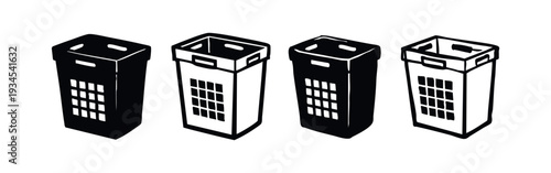 Laundry Basket and Hamper Icons Set in Perspective, Black and White Vector Illustration