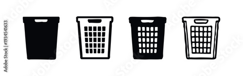 Collection of Laundry Basket and Hamper Icons, Black and White Vector Illustration