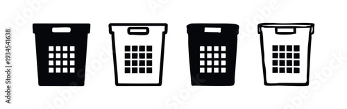 Laundry Basket and Hamper Icons Set, Black and White Vector Illustration