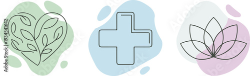 Holistic wellness line icons set with heart leaves