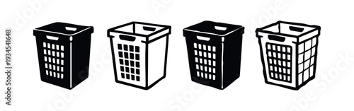 Collection of Laundry Basket and Hamper Icons in Perspective, Black and White Vector