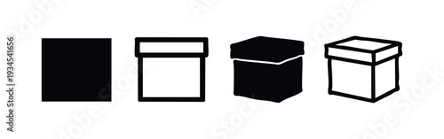 Set of Rectangular Box Icons with Lids in 2D and 3D Styles, Black and White Vector