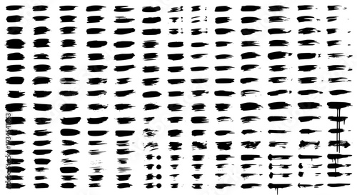 Brush strokes set with black texture and varying intensity effects featuring paint splatters, design elements, graphic