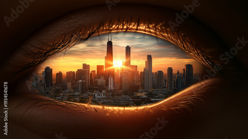 City skyline reflected in human eye, sunset light creates surreal, emotional atmosphere, symbolizing vision, hope, and urban dreams in high detail