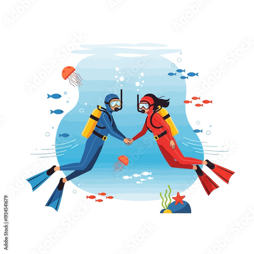 Couple scuba diving underwater, holding hands, surrounded by marine life and coral