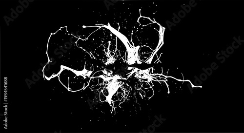 Splatter art white paint on black background with dynamic splashes featuring abstract, splattered, messy with creative