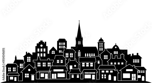 Village skyline silhouette with church steeple and traditional houses featuring buildings, architecture, black with