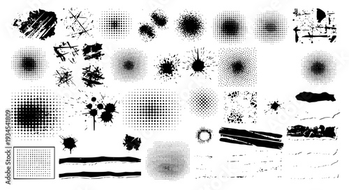 Splatter effects set with various black textures and stains designs featuring grunge, abstract, white with design
