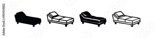 Angled View Chaise Lounge Sofa Icons with Solid and Outline Variations