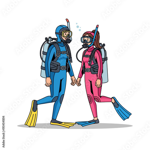Couple scuba diving, holding hands, enjoying underwater adventure