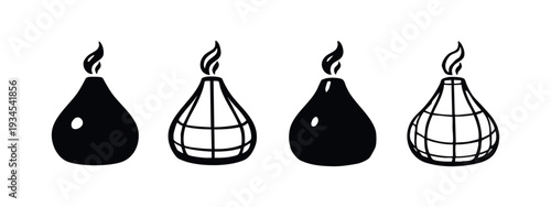 Collection of black vector icons showing an essential oil diffuser or candle with a flame, including grid variations.