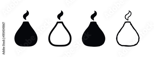Set of black vector icons illustrating a pear-shaped essential oil diffuser or candle with a flame.