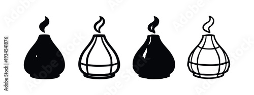 Assortment of black vector icons featuring essential oil diffusers or candles with ribbed details and a flame.
