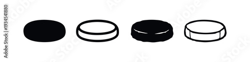 Set of black vector icons showing minimalist drums and stylized mask or character faces with eyes.