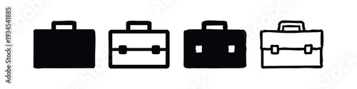 Set of black vector icons featuring business briefcases or bags in various solid and outline styles.
