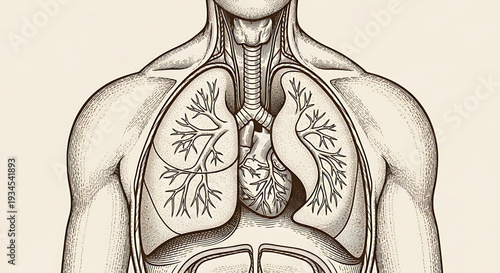 A detailed illustration of the human respiratory system with lungs and trachea exposed
