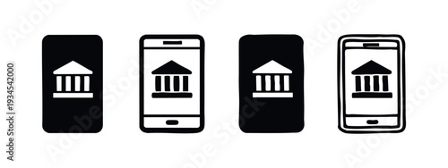 Flat design mobile banking icons with bank building symbol on phone screens, hand-drawn black and white style.