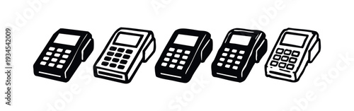 Hand-drawn set of POS terminal icons in 3D perspective, black and white doodle style for payment solutions.