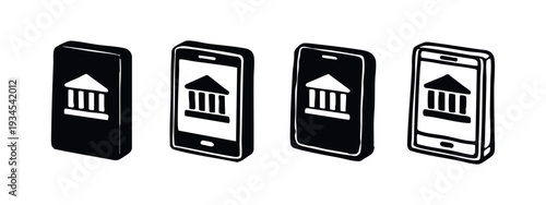 Set of hand-drawn 3D mobile banking icons with bank building symbols, black and white doodle style for digital finance.