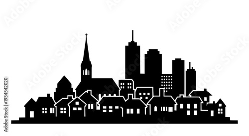 Cityscape silhouette with modern and traditional architecture together featuring black, white, buildings with