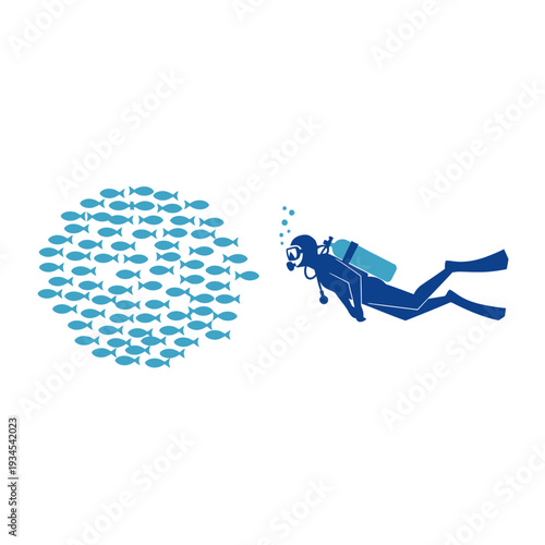 Diver observing a large school of fish in the ocean, underwater exploration