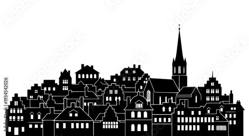 Village silhouette with church spire and residential buildings featuring town, architecture, black with white and