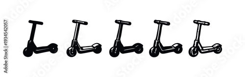 Collection of hand-drawn kick scooter icons in various styles for urban mobility and recreation
