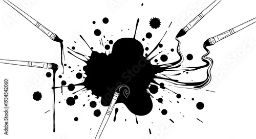 Paintbrushes with black ink splatters and drips, artistic creation concept featuring paint brush, splatter, drip with