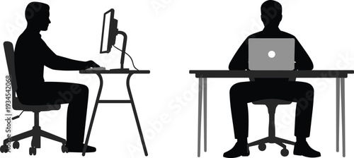 Office workers using desktop and laptop computers at desks, professional corporate employee silhouettes in modern workspace, flat vector illustration