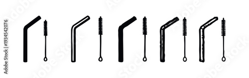 Eco-friendly reusable drinking straws and cleaning brushes, zero waste lifestyle icons