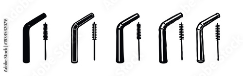 Reusable Bent Drinking Straw with Cleaning Brush Icon Set - Eco-Friendly Beverage Accessory Symbols
